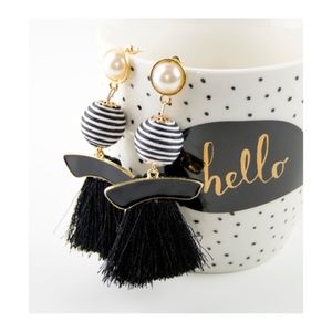 Black & White Tassel Pom Pom Drop Earrings